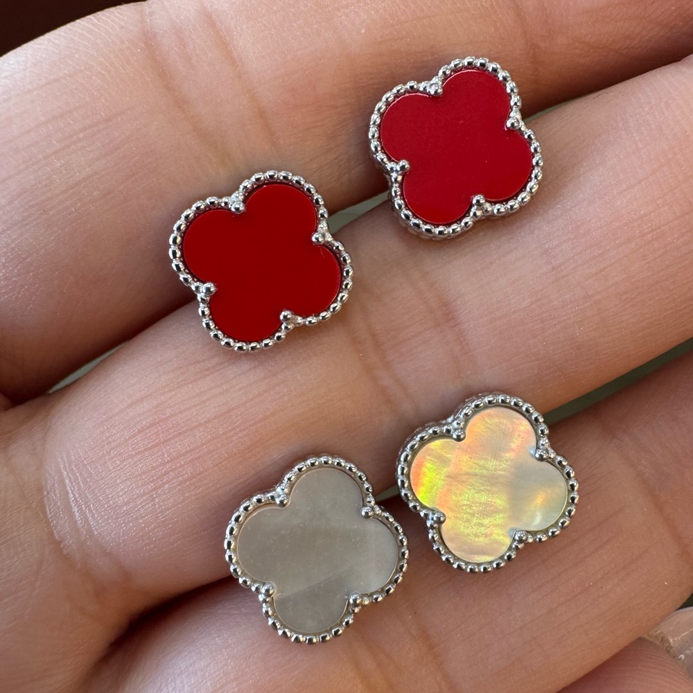 Red and Iridescent Clover Earrings